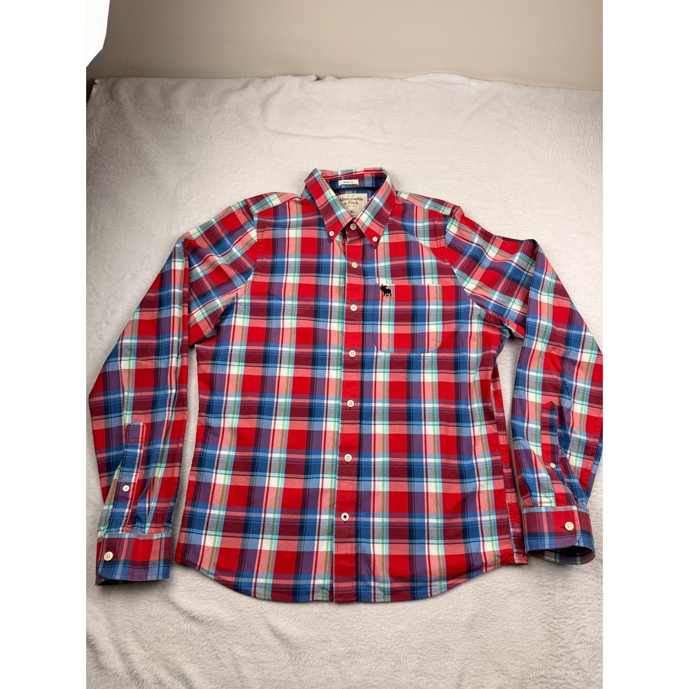 Abercrombie & Fitch Button Down Mens XL Red Blue Plaid Muscle Fit Cotton Shirt
